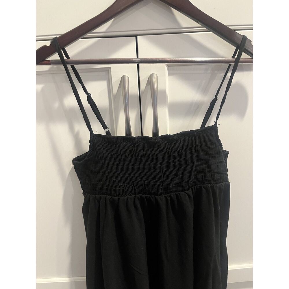ZARA MIDI DRESS Spaghetti Straps SMOCKED TOP Solid Black dress Sz. L linen visco - Picture 2 of 6